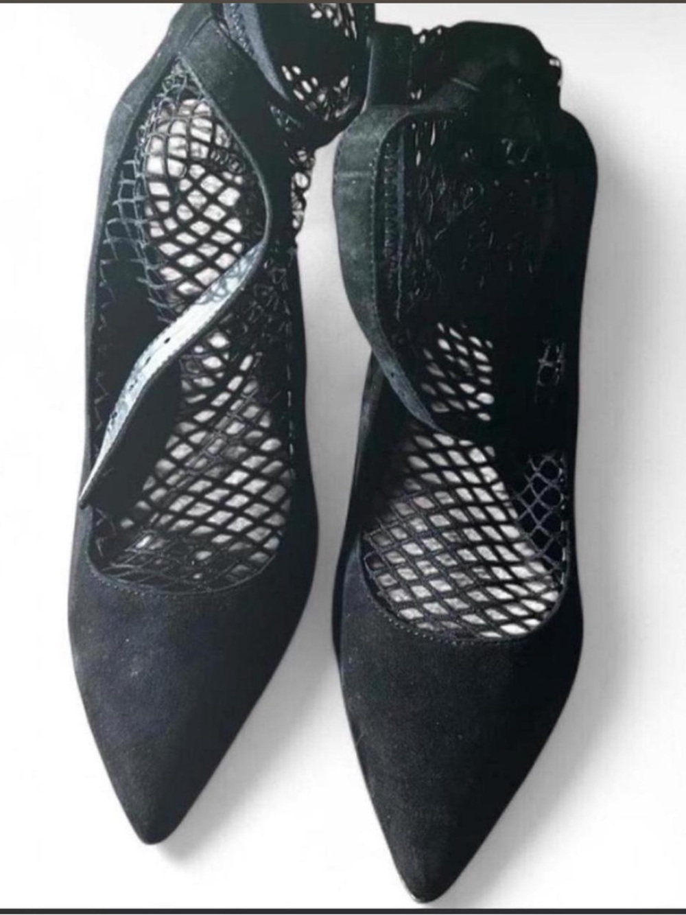 Fashion Nova Black Pointed Toe Suede Heels with Mesh Insets